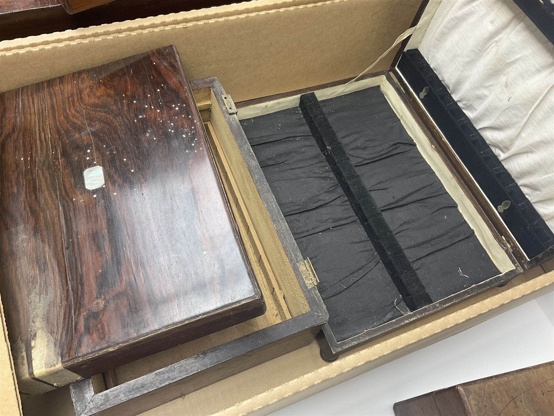 Wooden boxes, writing slopes and a tray for restoration