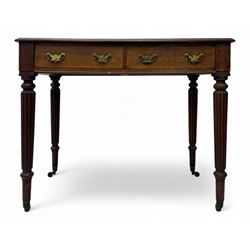 Early 19th century mahogany side table, moulded rectangular top over two drawers, on turne...