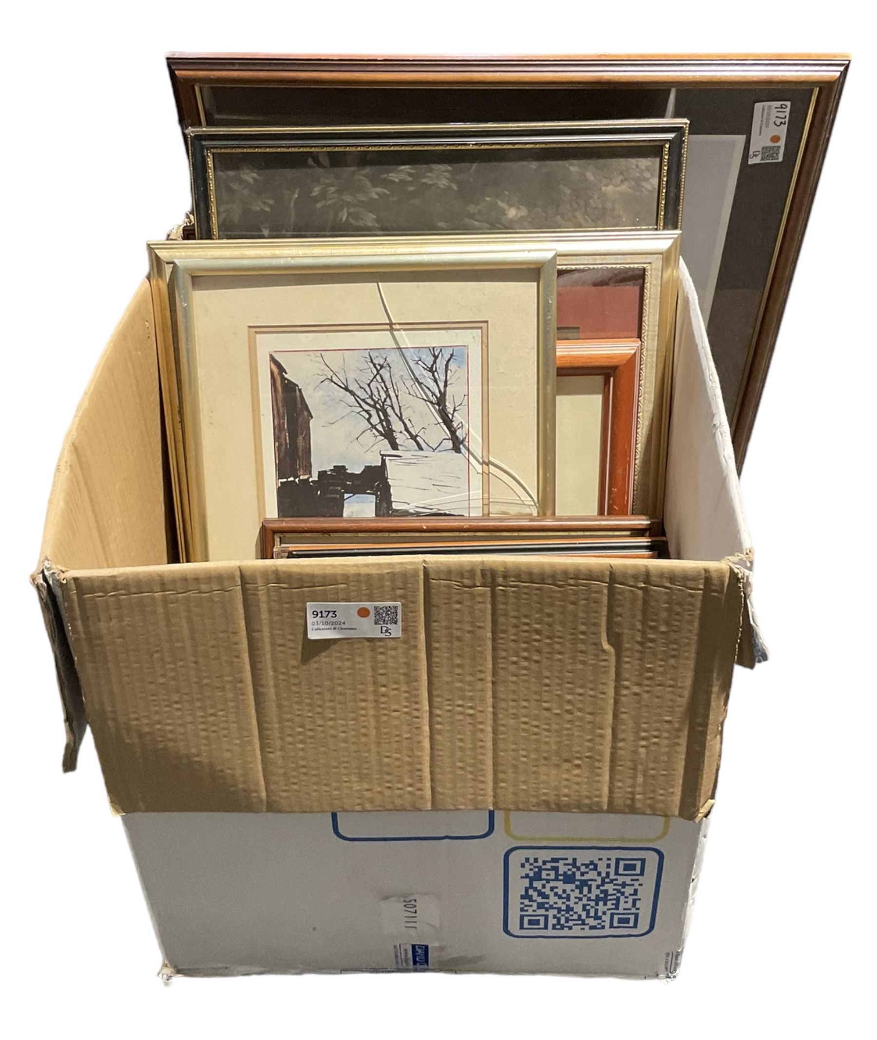 Large collection of original oils and watercolours and other works, including Peter Brook signed prints, Albert Pile, George Sykes and others, in one box