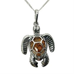 Silver Baltic amber turtle pendant necklace, stamped 925