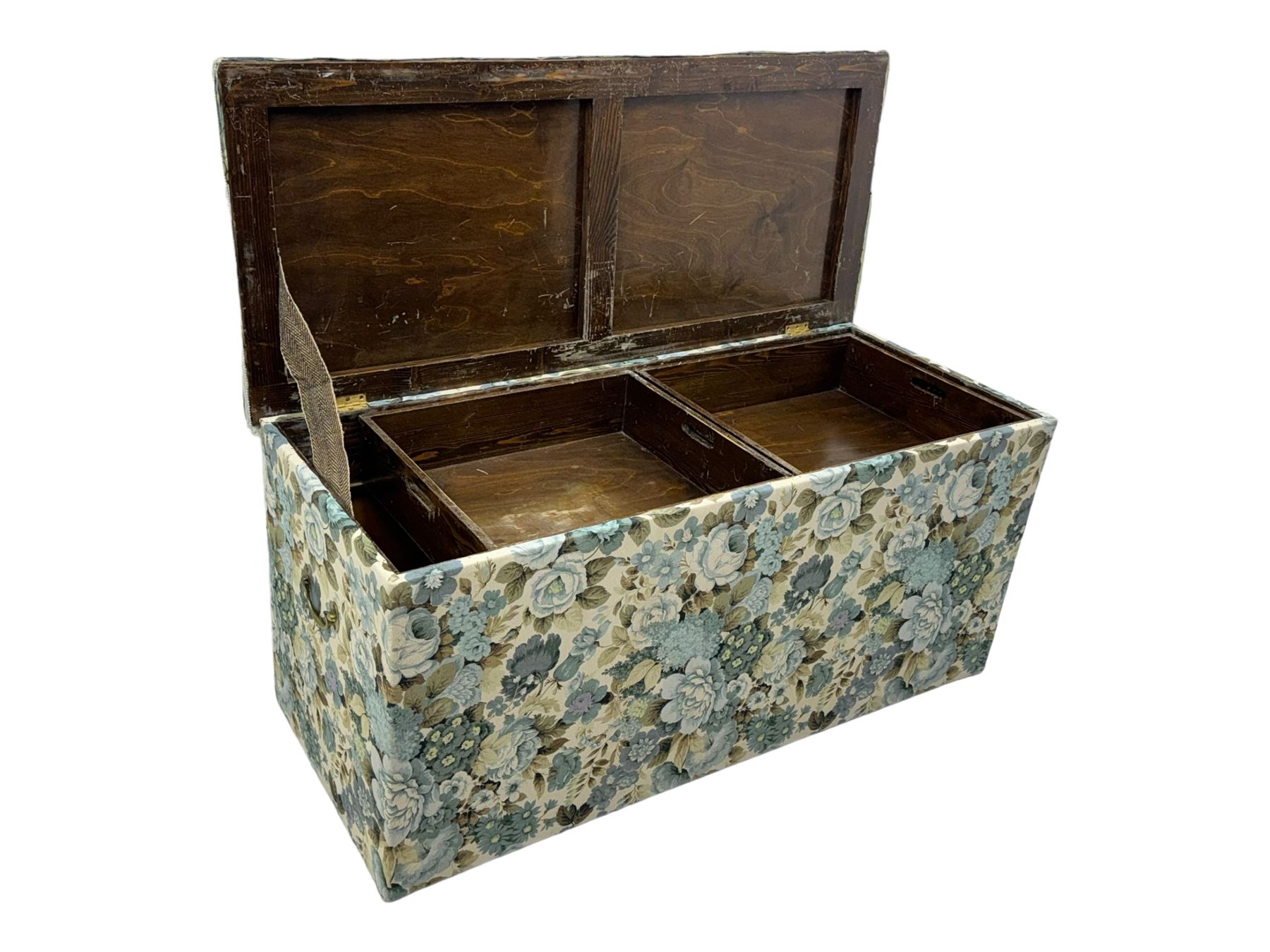 Mid 20th century oak blanket box, upholstered in floral pattern fabric, padded hinged lid enclosing oak interior with two removable trays, brass side handles, on round metal supports