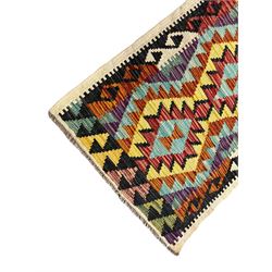 Chobi Kilim ivory ground runner rug, the field decorated with four multi-coloured lozenges, each with central geometric decoration, within concentric lozenges, enclosed by hooked border