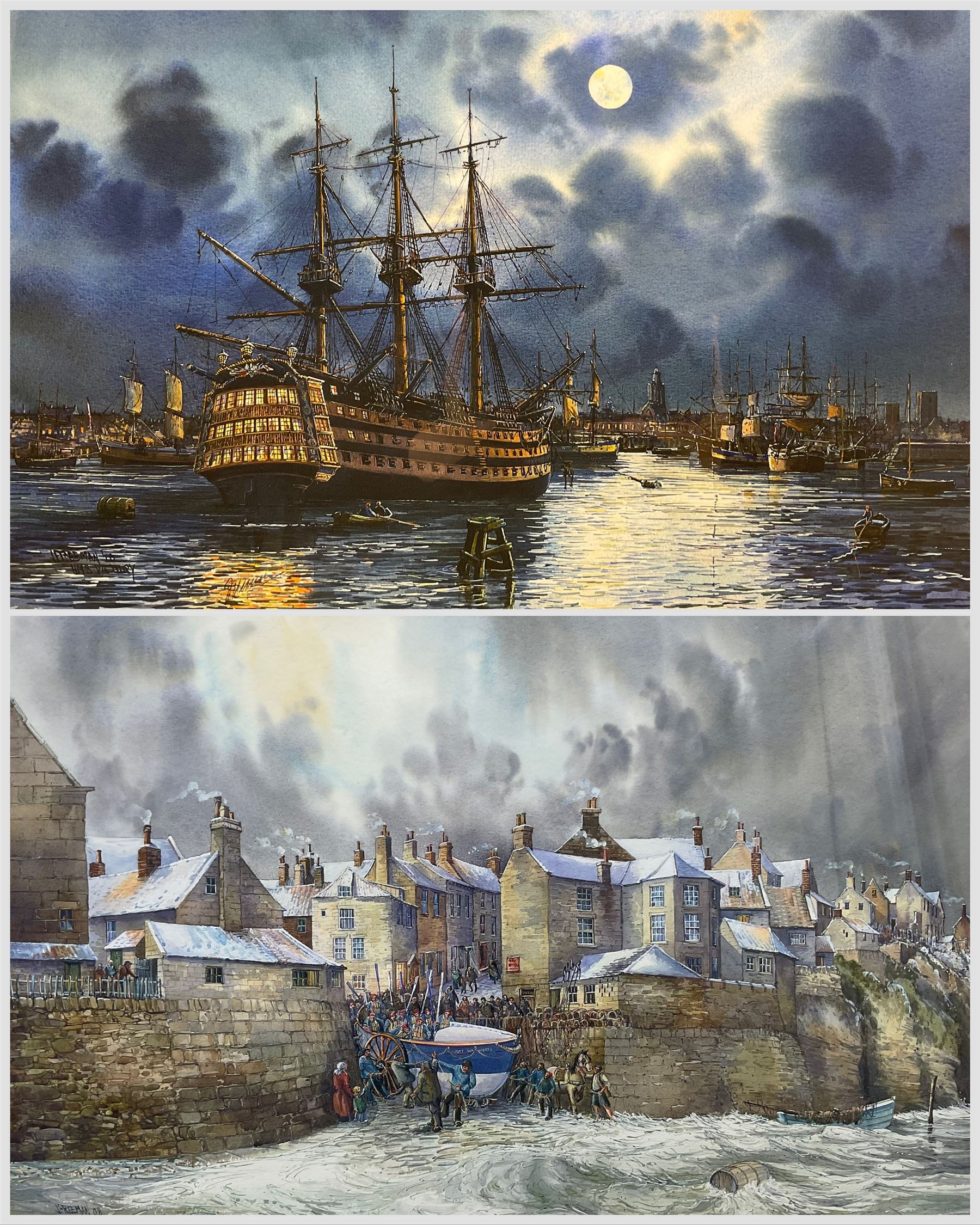 John Freeman (British 1942-): 'The Rescue - Robin Hood's Bay' and 'HMS Victory - Portsmouth', two prints signed, one numbered 74/850 max 39cm x 52cm (2)