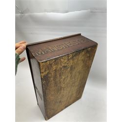 Wooden storage box, with hinged lid, marked Manchester to one side, H11cm, L38cm, D25cm 