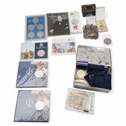 Coins including Queen Victoria 1890 silver crown, Queen Elizabeth II 1953 and other commemorative crowns, pre-decimal pennies and other denominations, two 2012 five pound coins in card folders etc