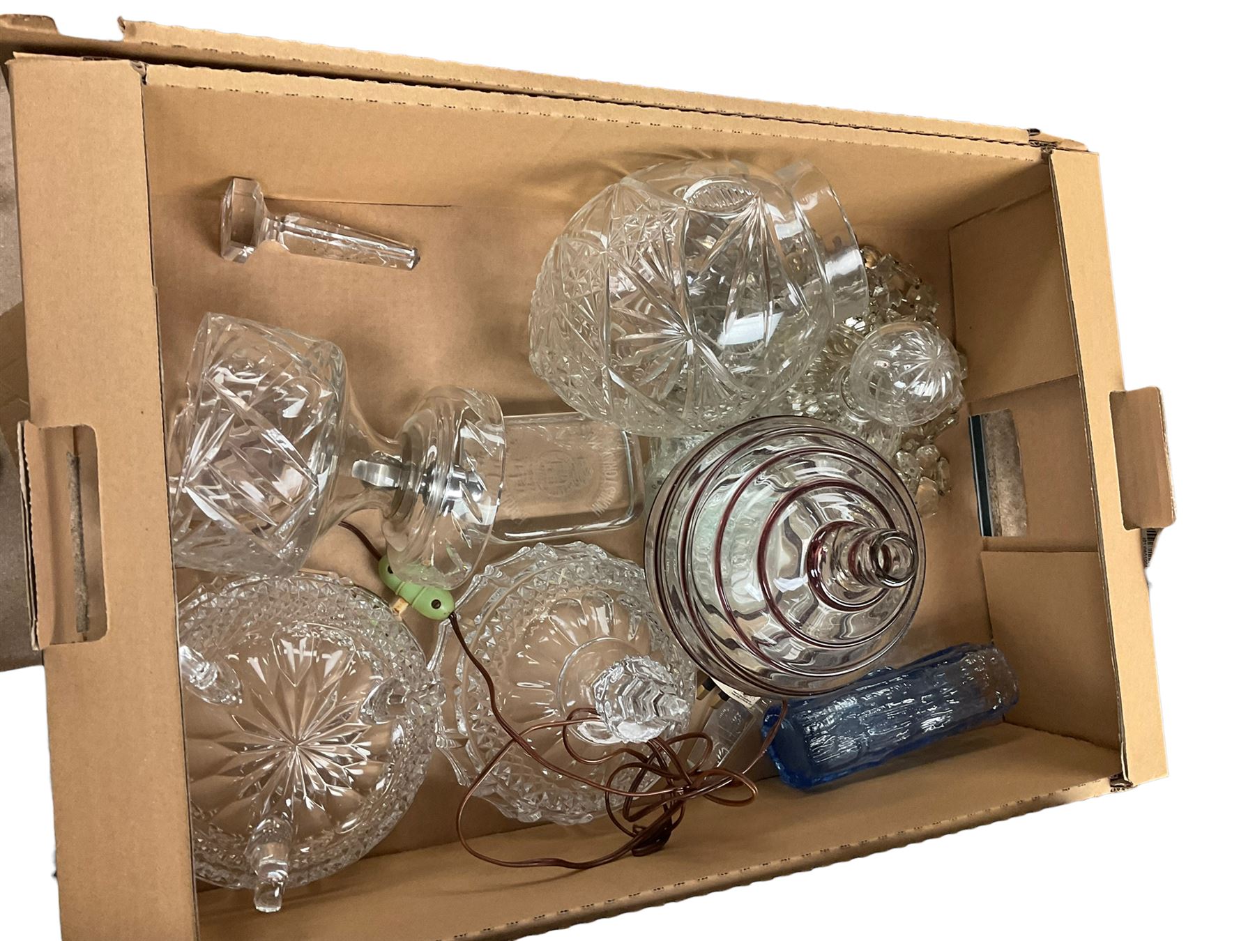 Collection of glass ware, including decanter and glasses, bom bom jar etc, in three boxes 