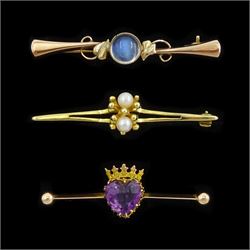 Victorian gold amethyst heart and crown brooch, gold moonstone brooch and a later pearl br...