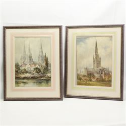 Cyril Hardy AKA Noel Harry Leaver (British 1889-1951): Litchfield Cathedral, watercolour signed; Albert Henry Findley (British 1880-1975): Norwich Cathedral, watercolour signed, in matching frames 38cm x 27cm (2)