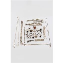 Collection of silver jewellery, including charm bracelet, stone set rings, money clips, chains, rings etc 