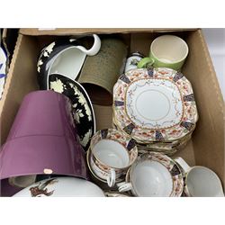 Four large meat platters, Royal Worcester Bunnykins mug and a large collection of other ceramics, including vases, dinner plates, teawares, etc, in five boxes 