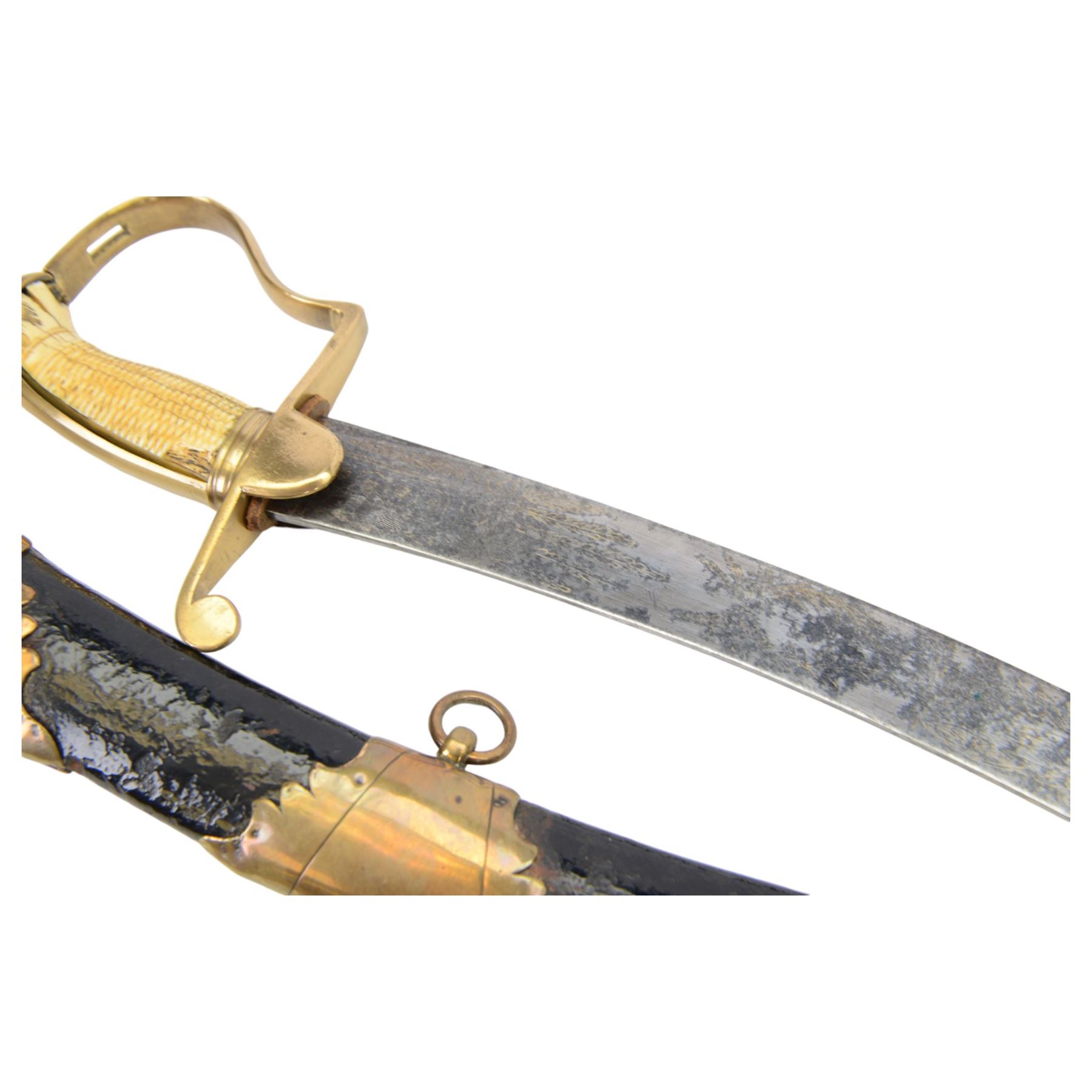 George III  British Grenadier Officer's private purchase scimitar, the 71.5cm curving blade with traces of bluing and gilding, brass hilt with D-shaped langets, one applied with a flaming grenade, knucklebow and chequered ivory grip; in leather covered scabbard with copper or brass mounts and two suspension rings, L86.5cm overall
This item has been registered for sale under Section 10 of the APHA Ivory Act 