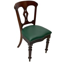 Matched set of twelve Victorian mahogany dining or boardroom chairs, the shaped cresting rail decorated with scrolled decoration, upholstered drop-on seats upholstered in green fabric, on turned supports  