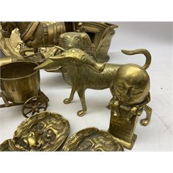 Large brass sculpture, together with a quantity of metalware, including brass tiger with gaping mouth, copper horn, brass dog with a pheasant , collection of brass horses, brass door knocker etc, sculpture H80cm