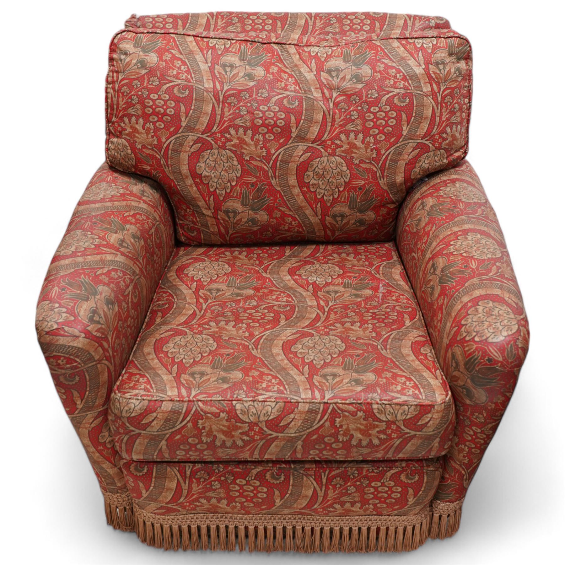 Three-piece lounge suite - pair of armchairs with rolled arms (W85cm, H74cm, D95cm); wingback armchair on cabriole feet (W74cm, H97cm, D73cm), upholstered in crimson ground floral pattern fabric 