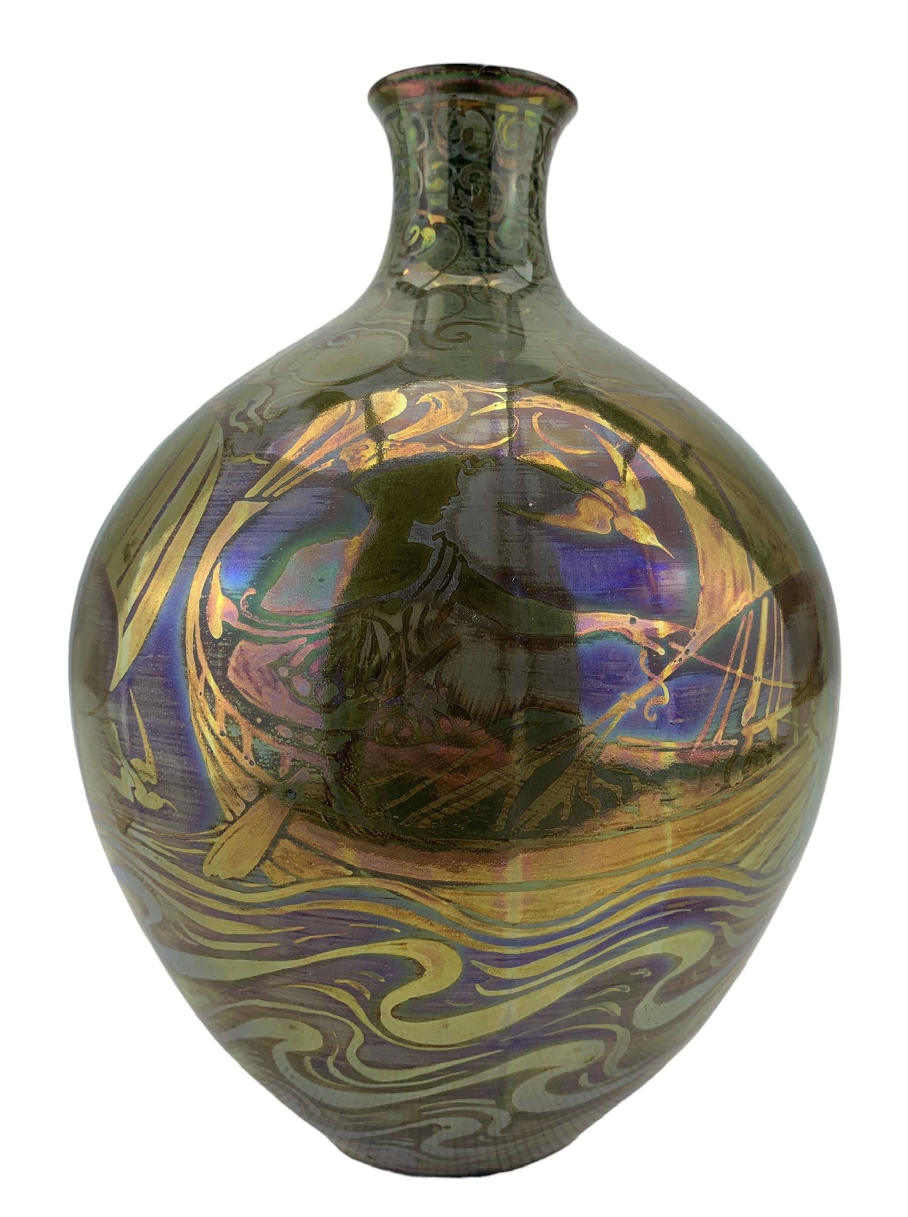 Pilkington's Royal Lancastrian Sea Maiden vase, by Walter Crane and William Slater Mycock, on a blue ground, impressed mark 1905-1913, cyphers for Walter Crane and William Slater Mycock, no 2472, H25.5cm (restored)