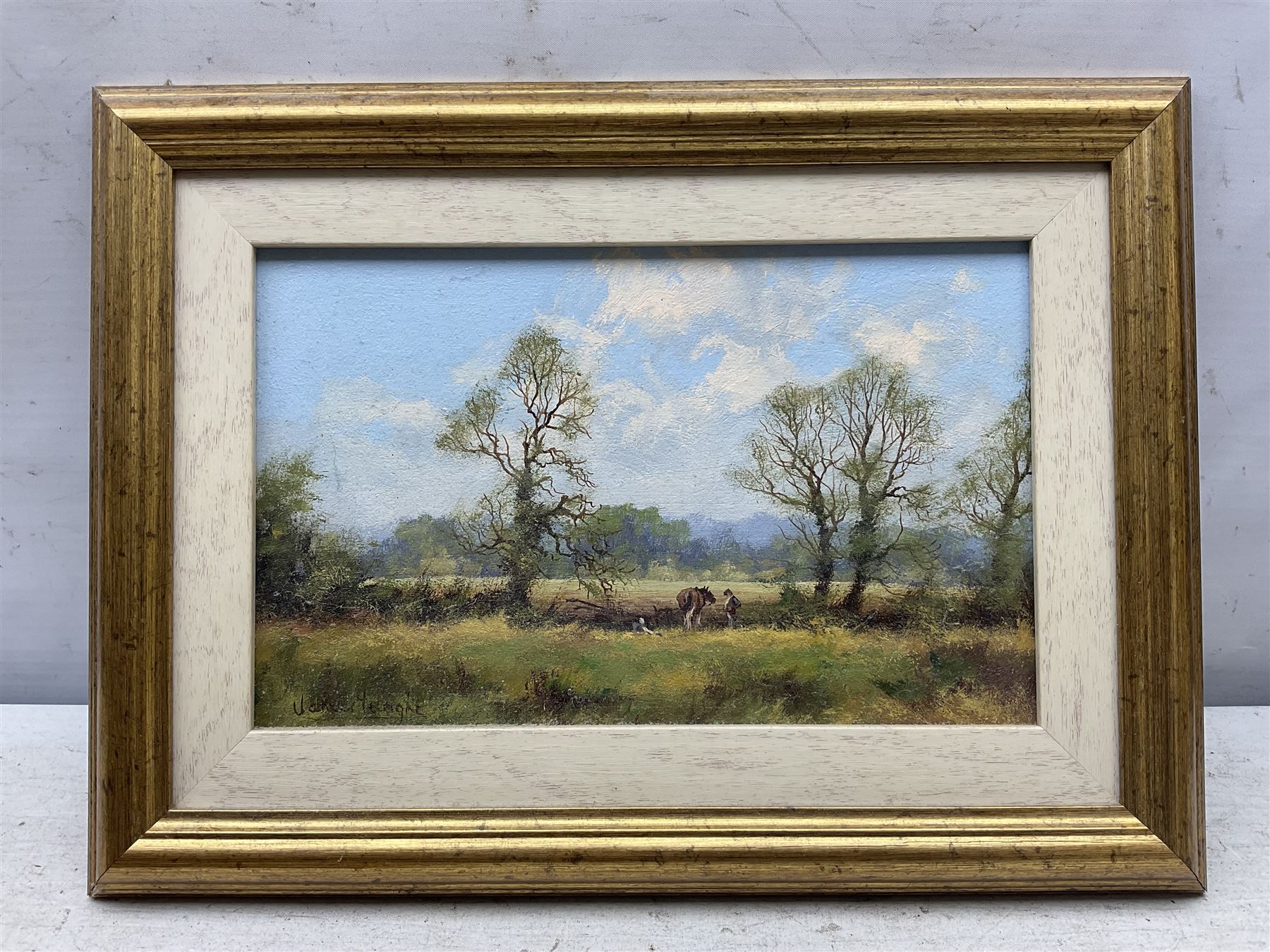 James Wright (British 1935-): 'Birch Farm' 'Ploughing Team' 'Time for Rest' 'South Mill' 'Copley Thorns' Norfolk Landscapes, set of five oils on board signed, titled on labels verso max 17cm x 27cm (5)