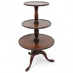 George III mahogany dumbwaiter, three graduating tiers on turned supports, on tripod base ...