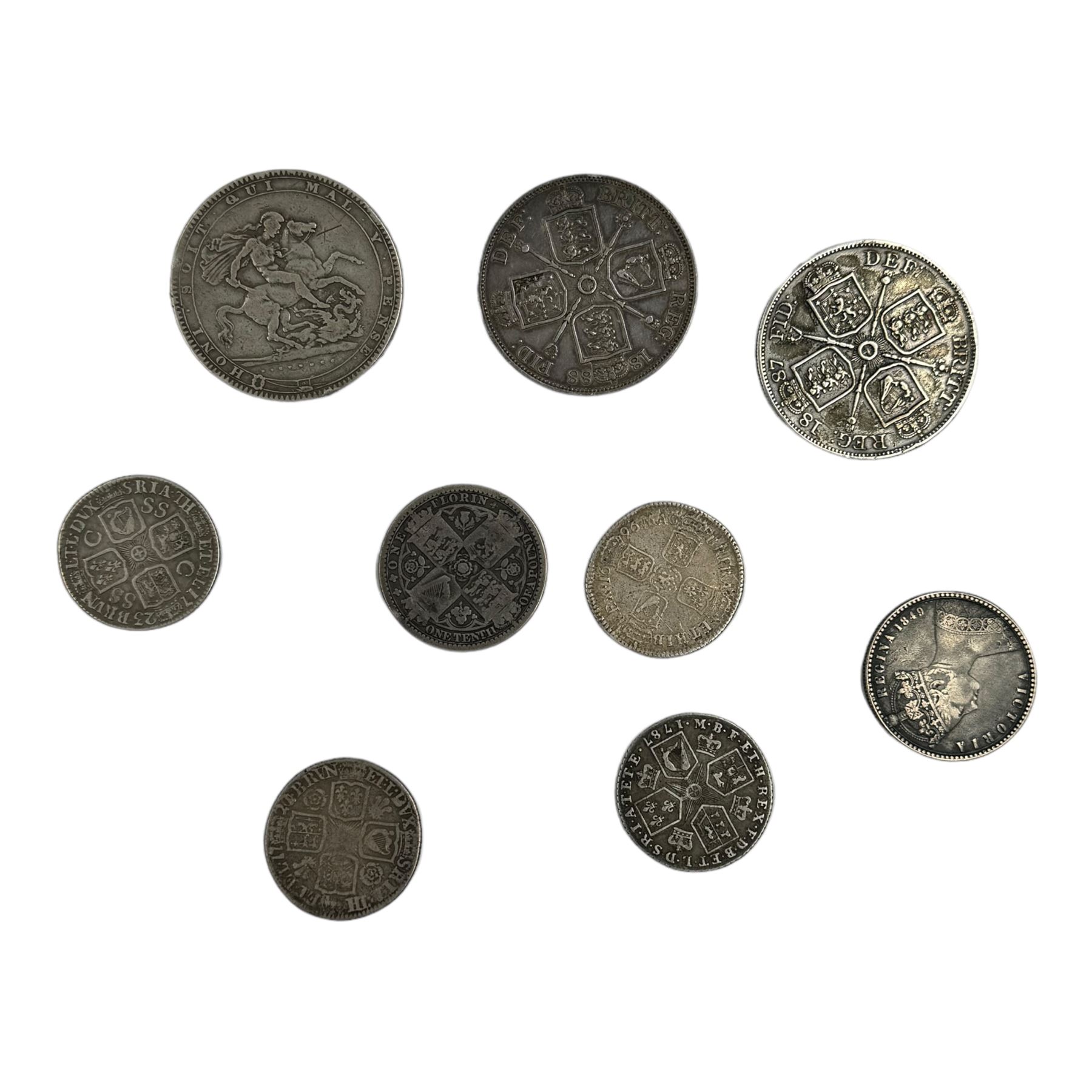 Nine silver coins, comprising William III 1696 shilling , George I 1721 over 0 and 1723 shillings, George III 1787 shilling, 1819 crown, Queen Victoria 1887 and 1888 double florins