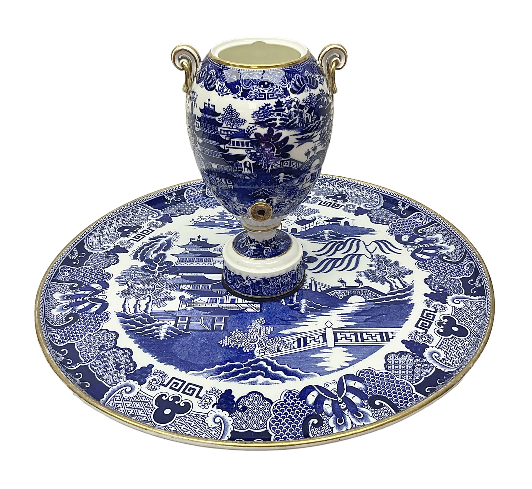 19th century Copeland blue and white printed willow pattern lazy susan,  the circular revolving tray fitted with a two handled coffee urn, D45cm