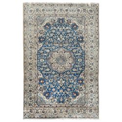 Persian Nain blue and ivory ground rug, wool with silk inlay, overall arabesque design, ce...