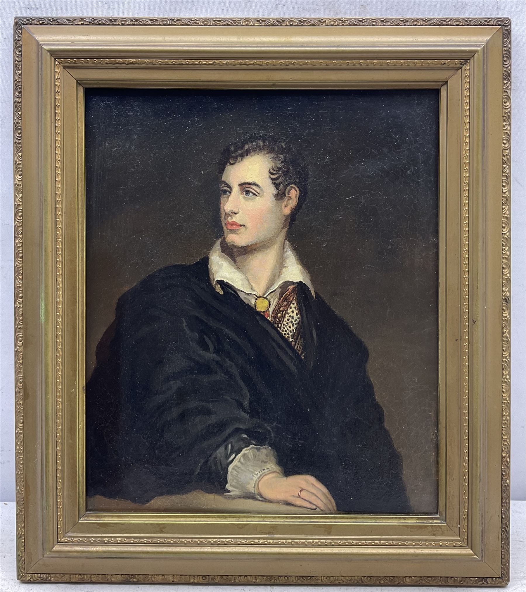 English School (19th century): Portrait of Lord Byron, oil on canvas unsigned, indistinctly inscribed on the stretcher 29cm x 24cm