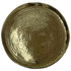 Early 20th century Benares table, circular brass top with pressed trailing leaf pattern, on folding base (D66cm, H59cm); brass coal scuttle; circular brass tray; copper kettle (4)