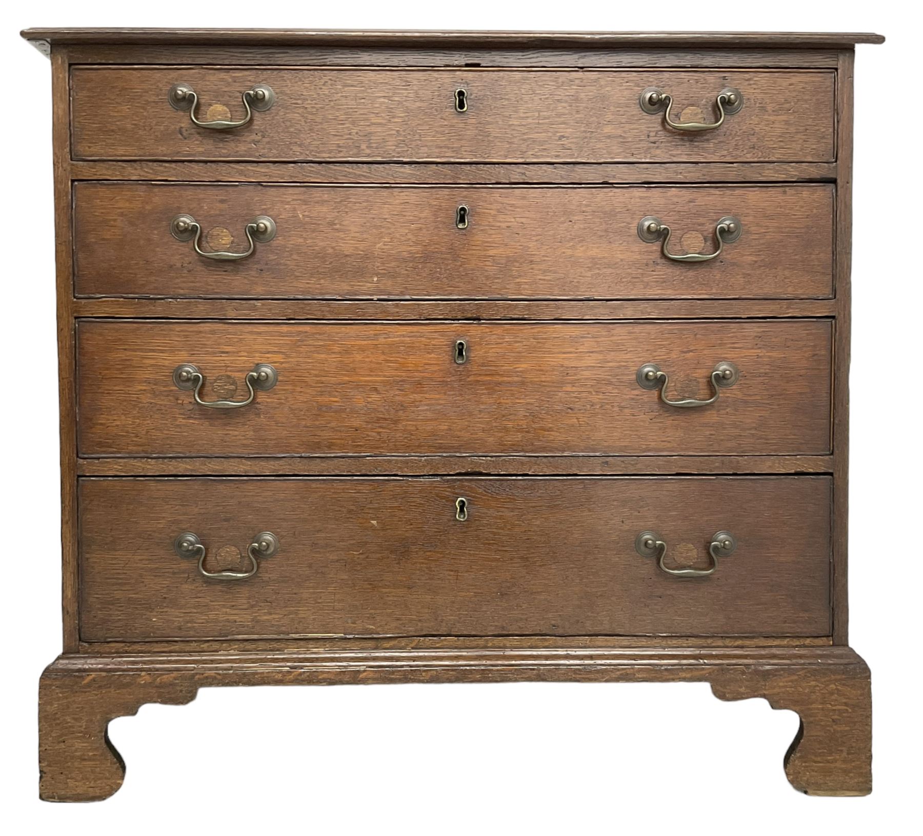 George III oak chest, moulded rectangular top over four long cock-beaded drawers, on bracket feet