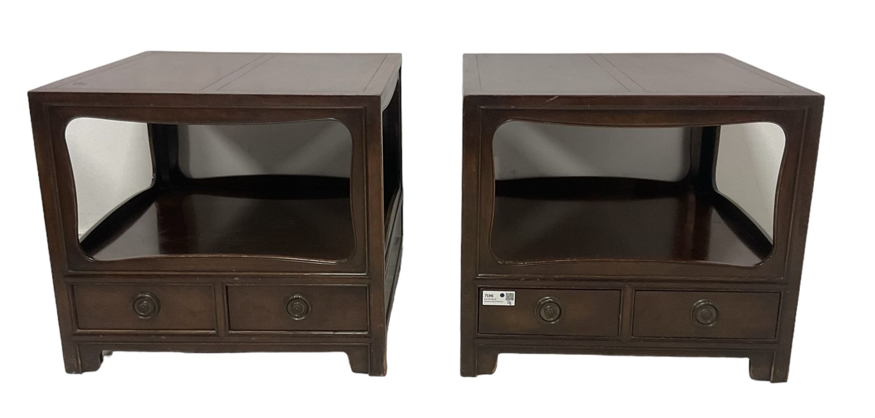 Pair of Chinese 20th century lacquered hardwood two-tier lamp tables, fitted with two drawers to base