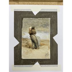 Robert Jobling (Staithes Group 1841-1923): Looking Out to Sea - Staithes Fisherwoman and Daughter, watercolour signed and dated 1908, 15cm x 10cm (mounted)