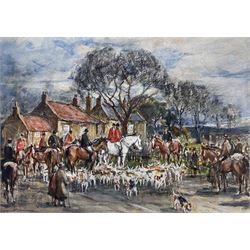 Rowland Henry Hill (Staithes Group 1873-1952): 'Goathland Hounds at Lythe', watercolour and gouache signed and dated 1937, original title label verso 26cm x 36cm