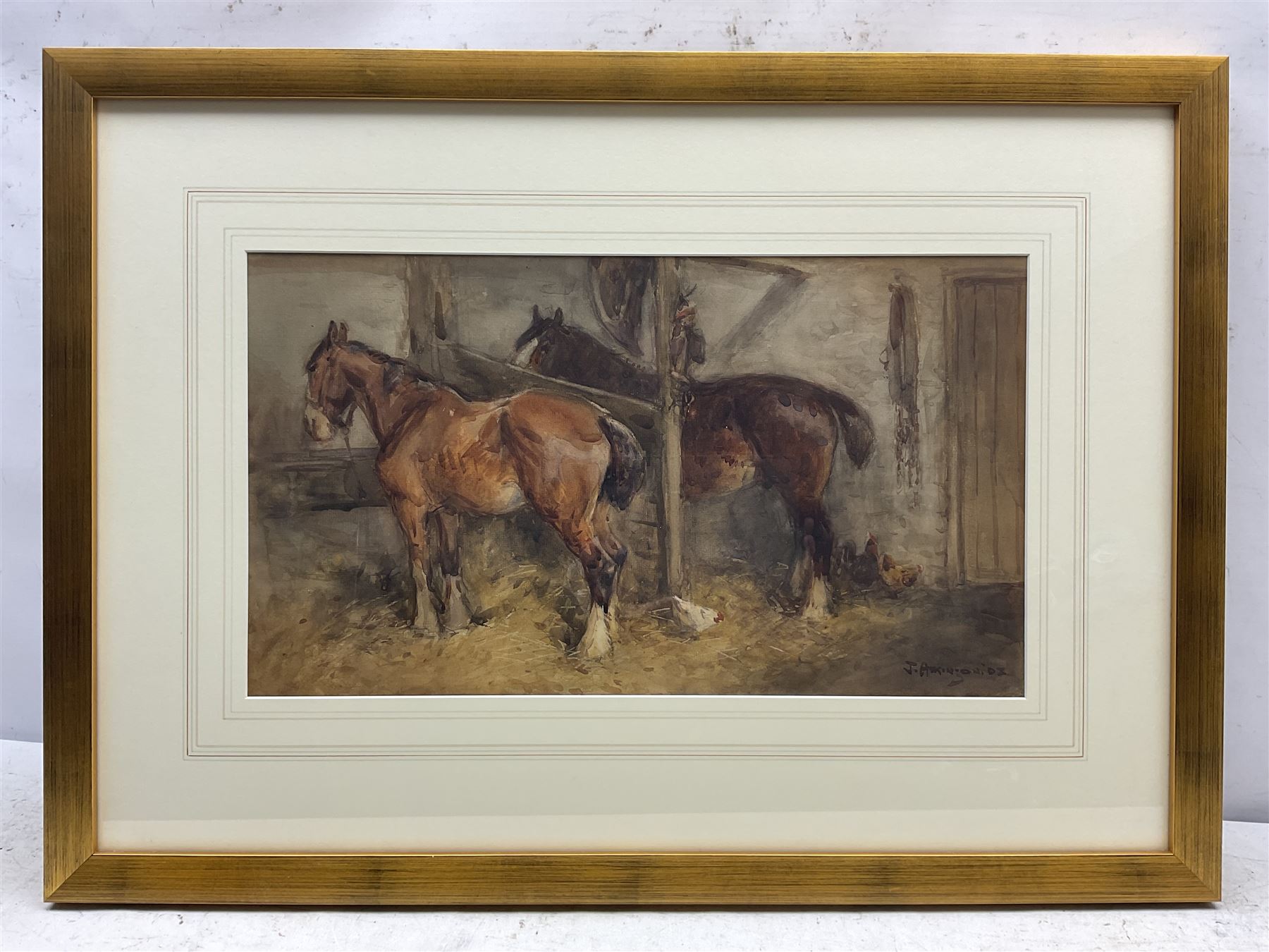 John Atkinson (Staithes Group 1863-1924): Horses in Stable Stalls, watercolour signed and dated '08, 27cm x 48cm