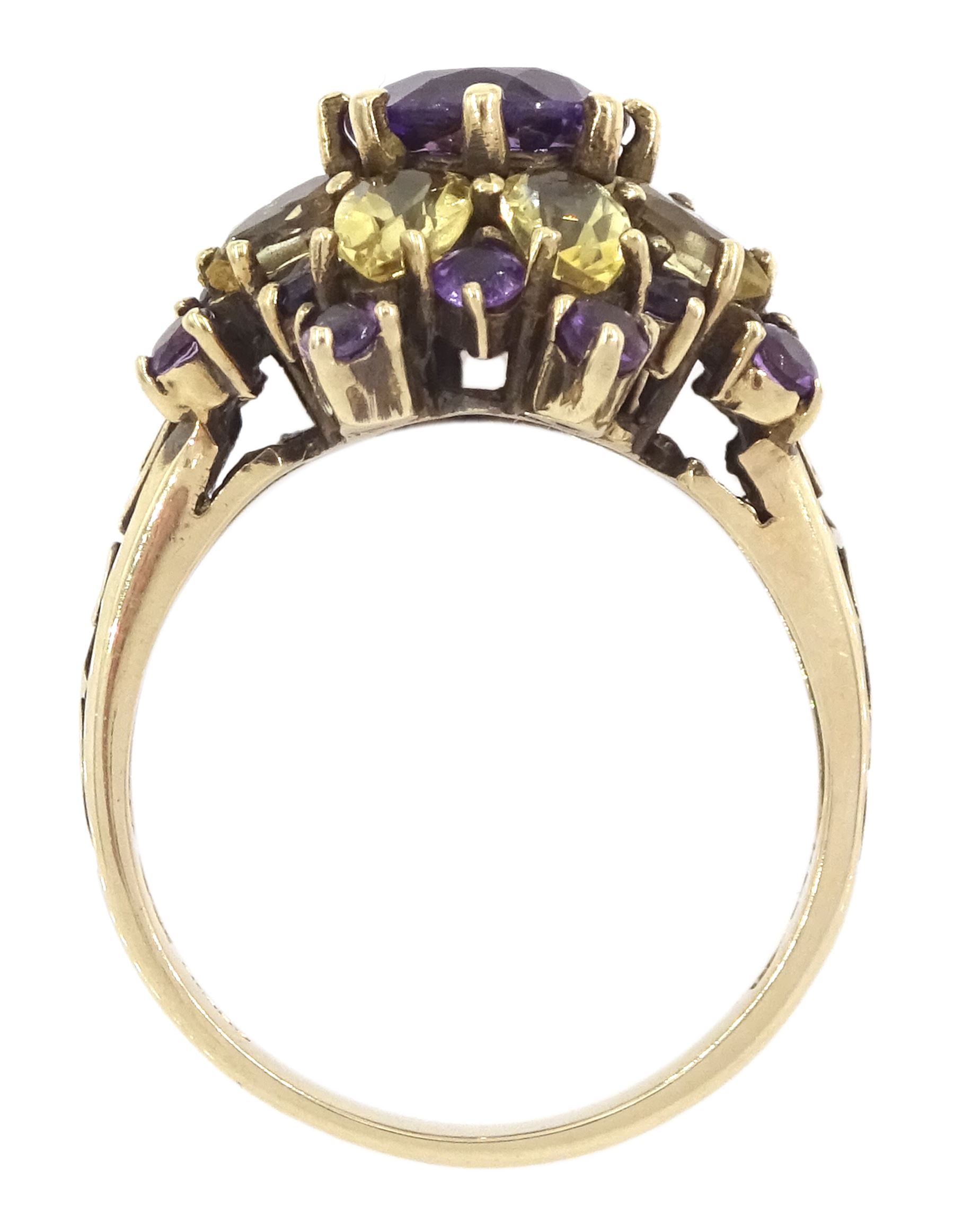 9ct gold round cut amethyst and pear cut citrine flower head cluster ring, Birmingham 2002