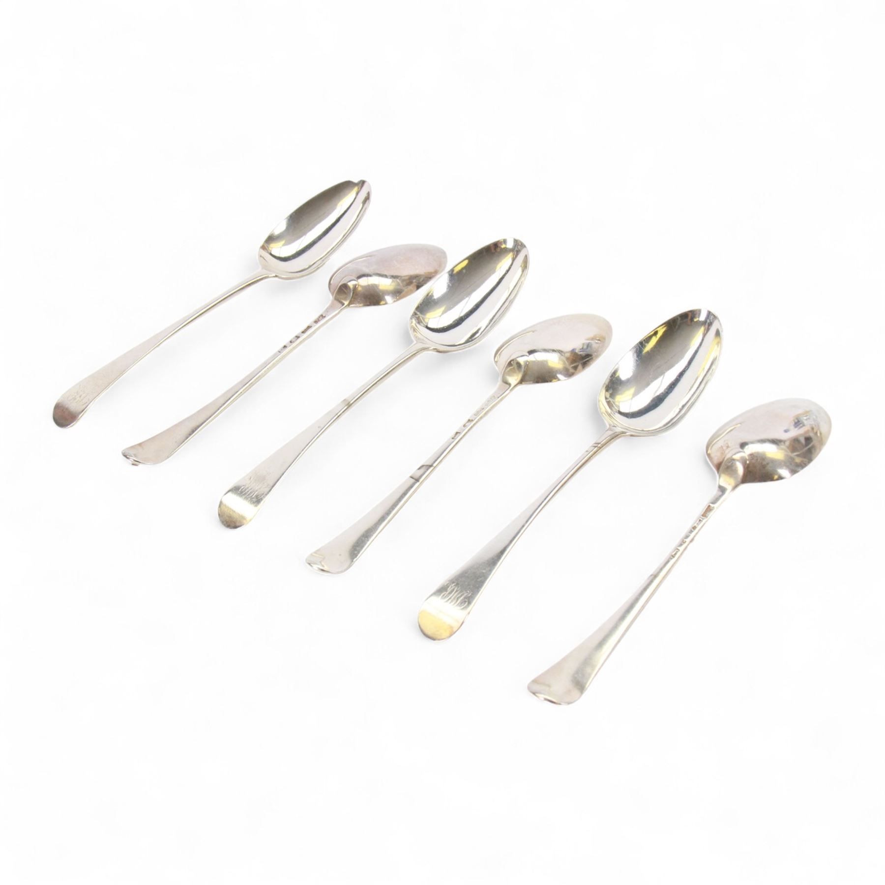 Set of six George III silver Old English pattern table spoons, engraved with monogram to terminal, hallmarked Hester Bateman, London 1778 & 1779