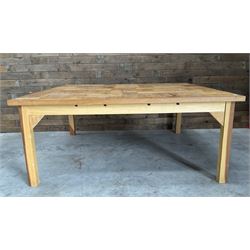 Square centre dining centre table, parquetry wine crate top with oak edging, on beech legs