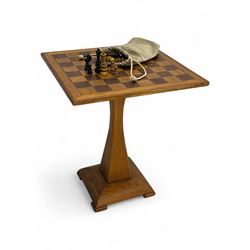 Mid-to-late 20th century oak chess table, square top with inlaid chessboard supported on a...