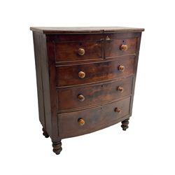 Victorian mahogany bow-front chest, fitted with two short and three long drawers, on turned feet