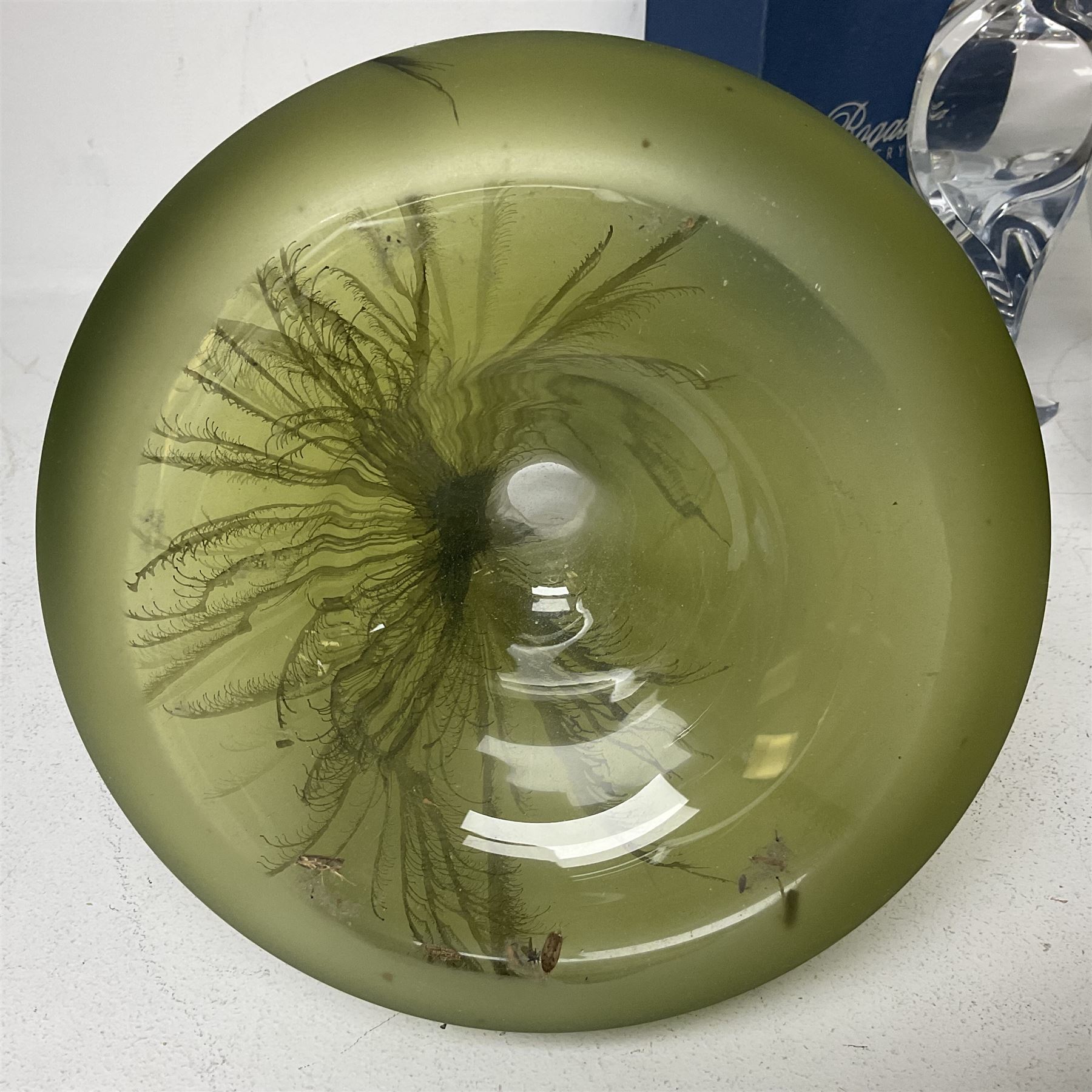 Late 20th century art glass, to include a Robert Held vase, of baluster form with iridescent swirl design, two frosted glass vases with peacock feather design on green and white ground, frosted glass tulip shaped bowl with smoke design and a Rogaska Crystal cobra candlestick, tallest vase 27cm