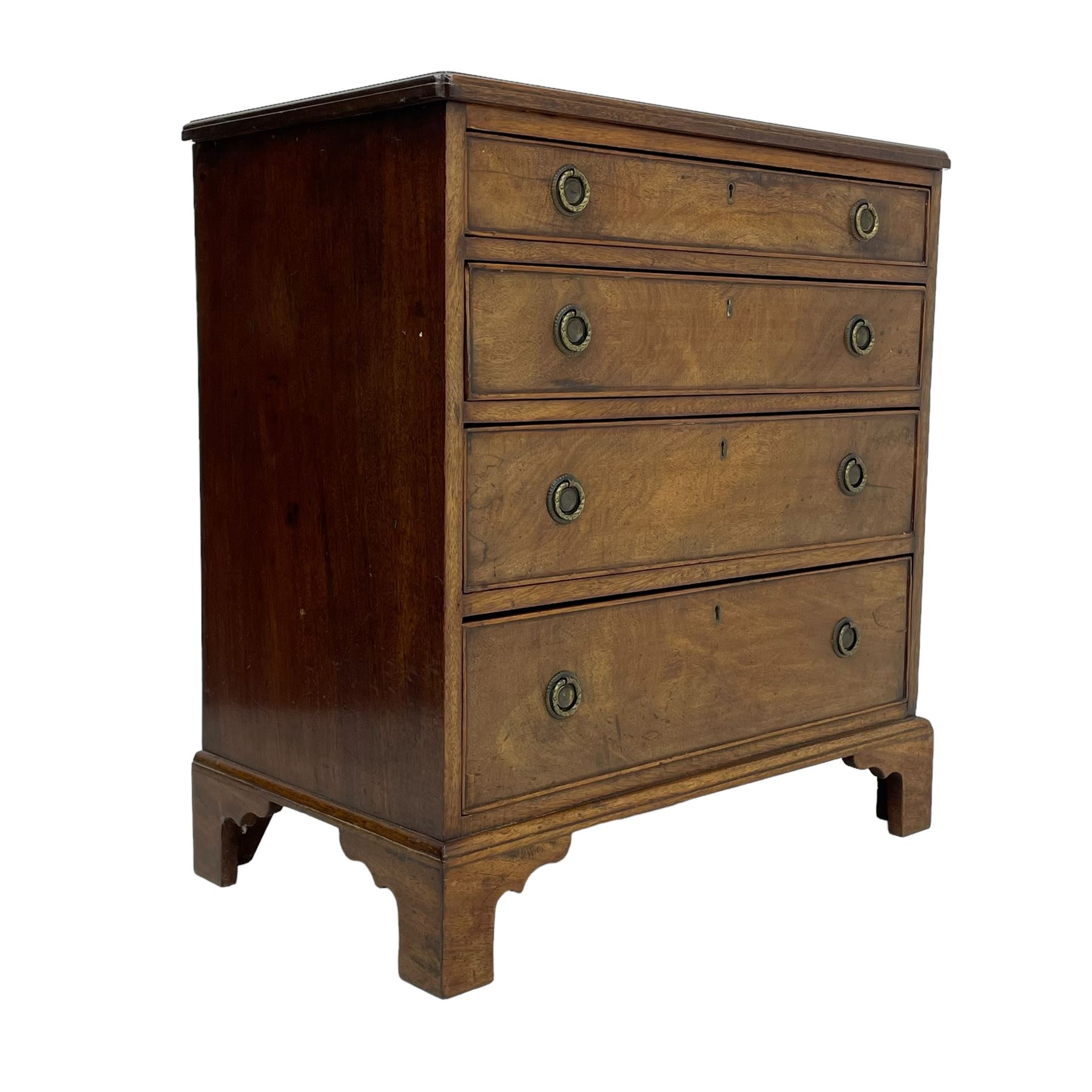 Small George III and later mahogany chest, moulded rectangular top over four graduating cock-beaded drawers, on bracket feet 