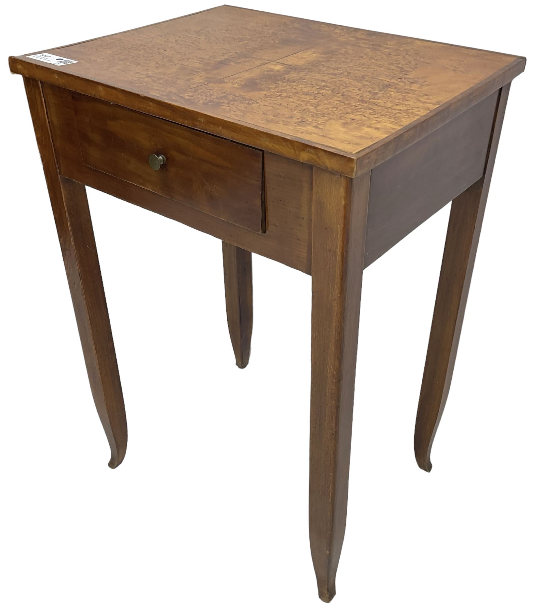 19th century Biedermeier design maple and beech side table, figured book-matched maple veneer top over single drawer, on square tapering supports terminating to pointed feet