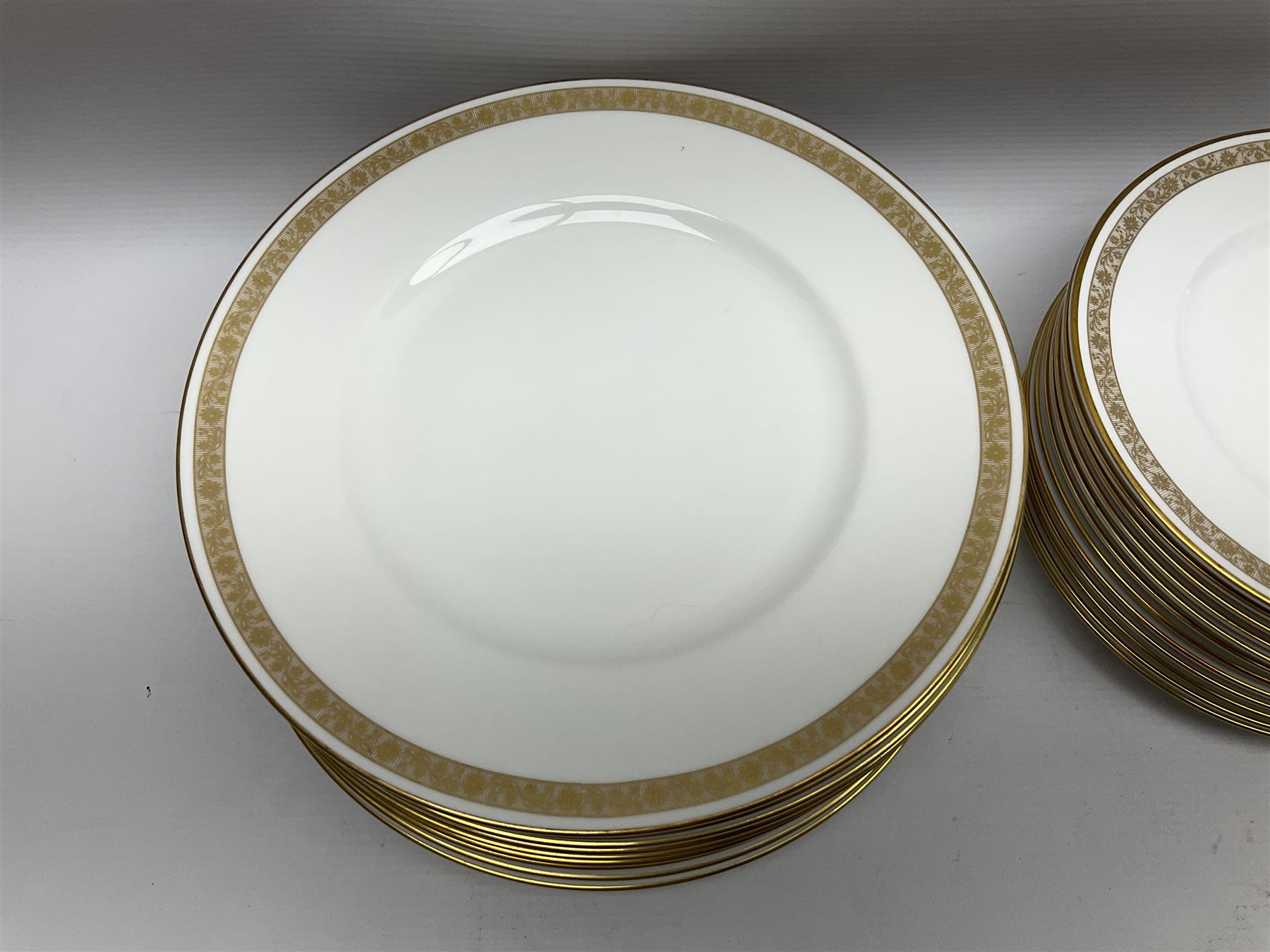 Royal Worcester Golden Anniversary pattern dinner wares, including ten dinner plates, twelve side plates, eight twin handled bowls and saucers, covered tureen (55)