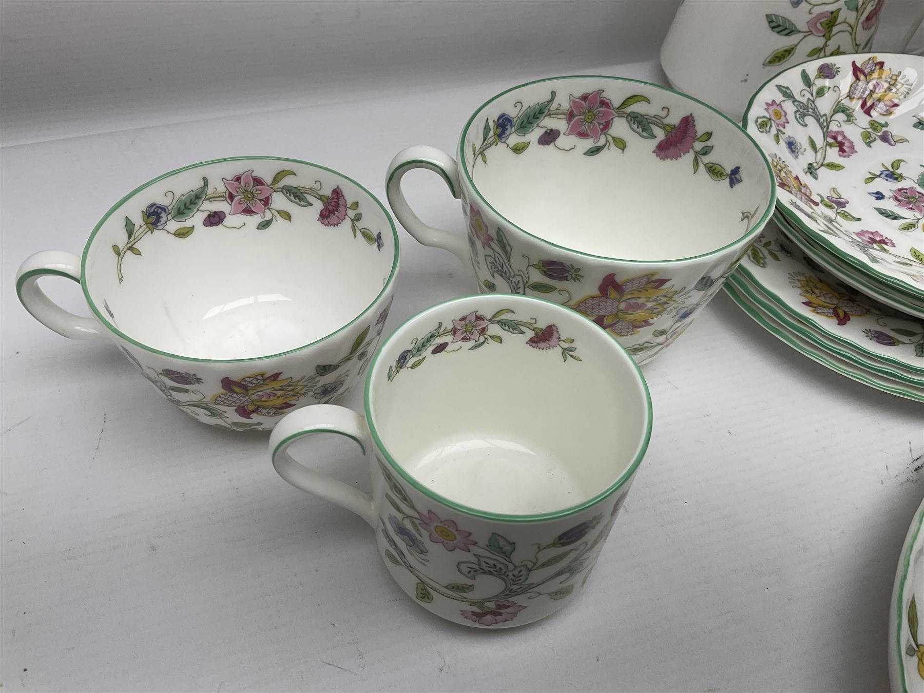 Minton Haddon Hall part tea service, including teapot, covered sucrier, milk jug, six teacups and saucers of various sizes, covered preserved jar, to vases etc (38)