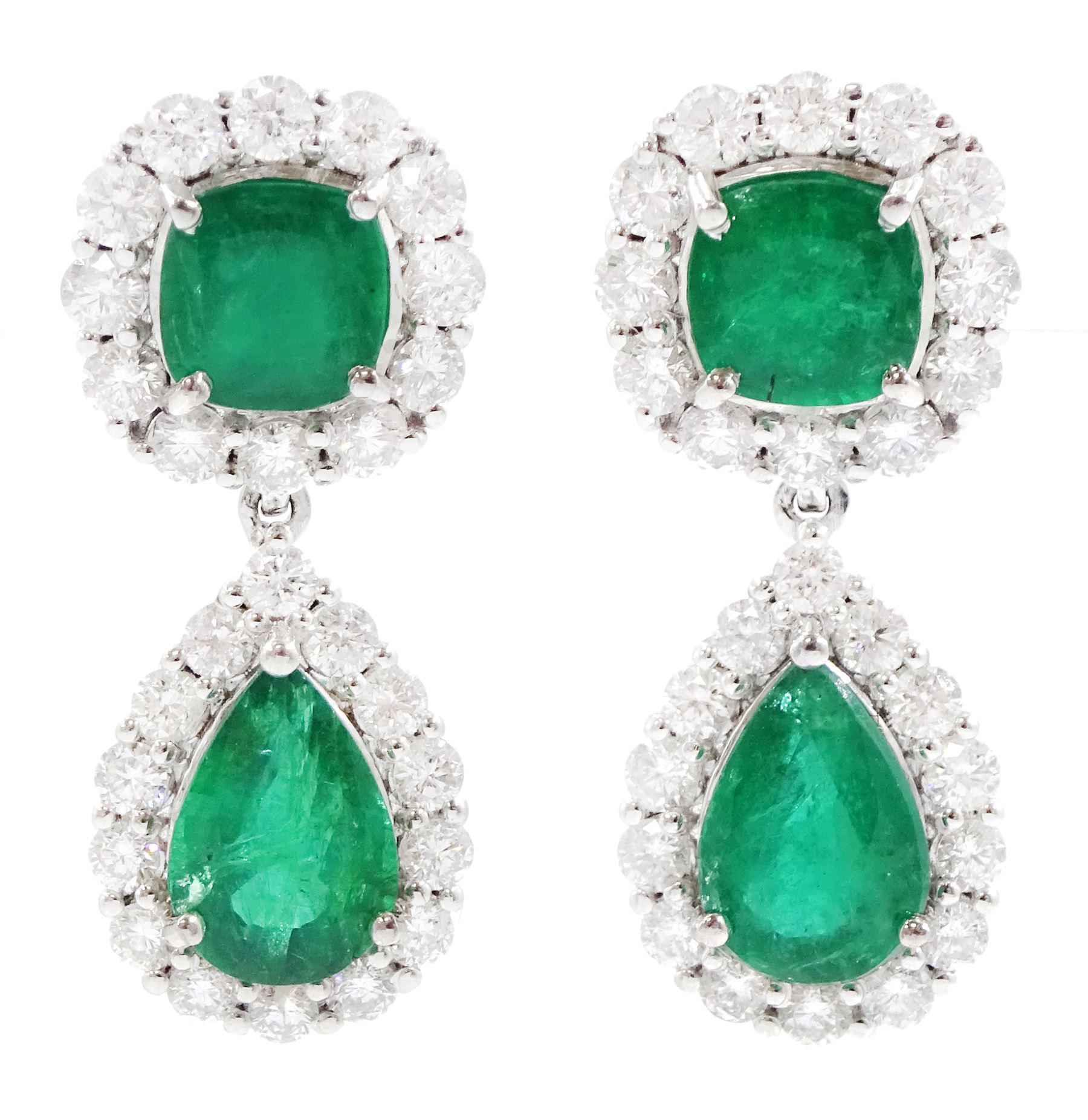 Pair of 18ct white gold emerald and round brilliant cut diamond pendant stud earrings, cushion cut emeralds with diamond surround, suspending a pear cut emerald and diamond cluster, stamped, total emerald weight approx 4.30 carat, total diamond weight approx 1.85 carat