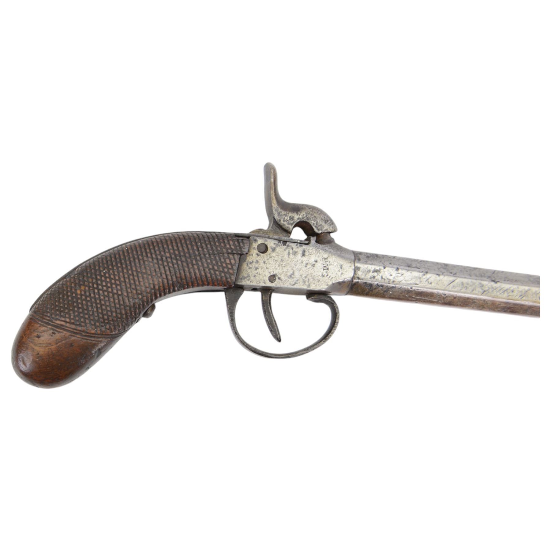 Late 19th century Belgian percussion boxlock pocket pistol, marked PM, with octagonal barrel and checkered wooden grip, L23cm
Sold as an exempt item under Section 58 (2) of the 1968 Firearms Act, to be held as a curiosity or ornament