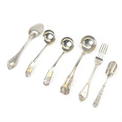 Group of silver cutlery, comprising Edwardian sugar spoon with shovel bowl and pierced han...