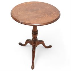 Victorian oak wine table, circular top on turned vasiform pedestal, splayed tripod base