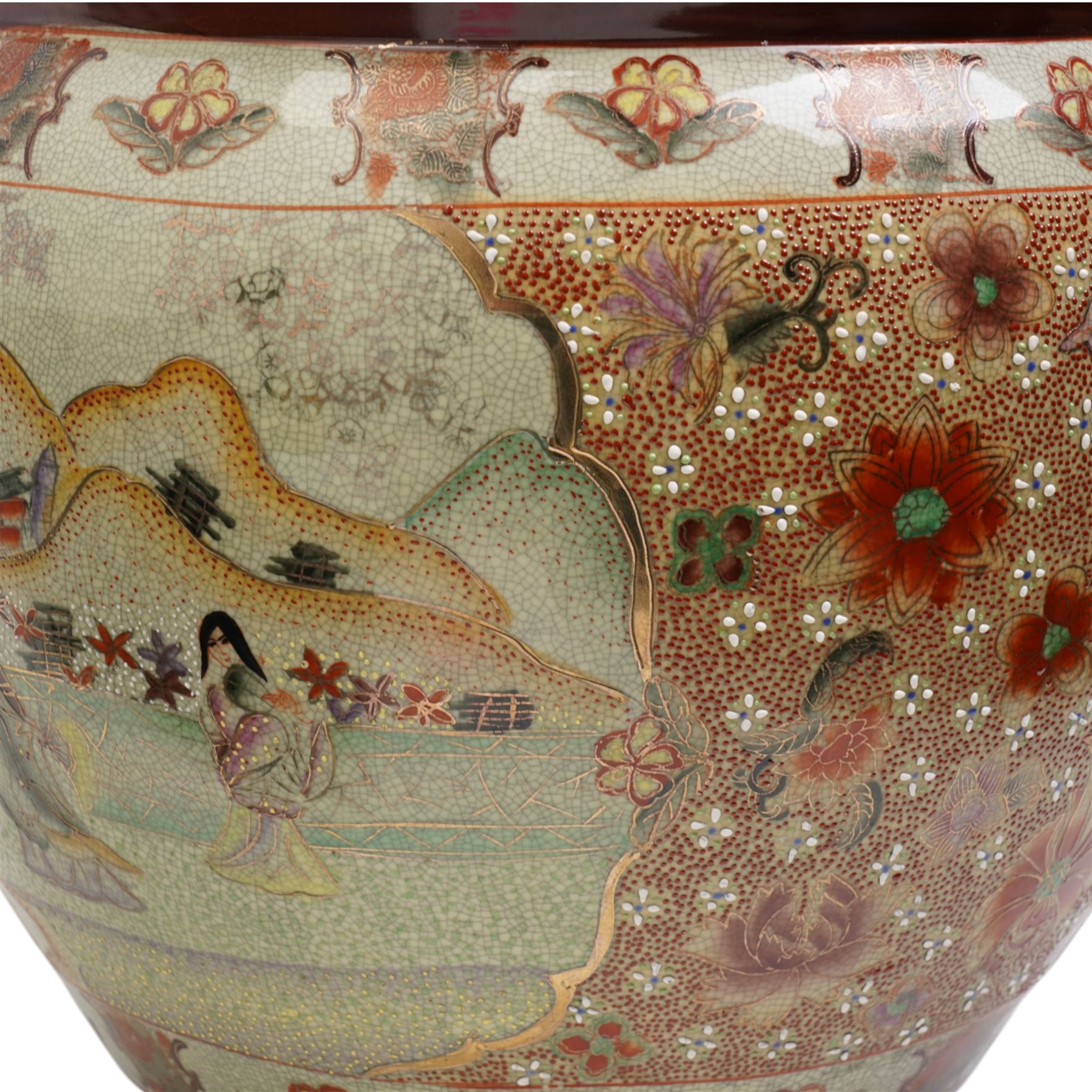 Japanese Satsuma fish bowl/planter, the interior decorated with carp etc., the exterior with panels of figures and landscapes D36cm