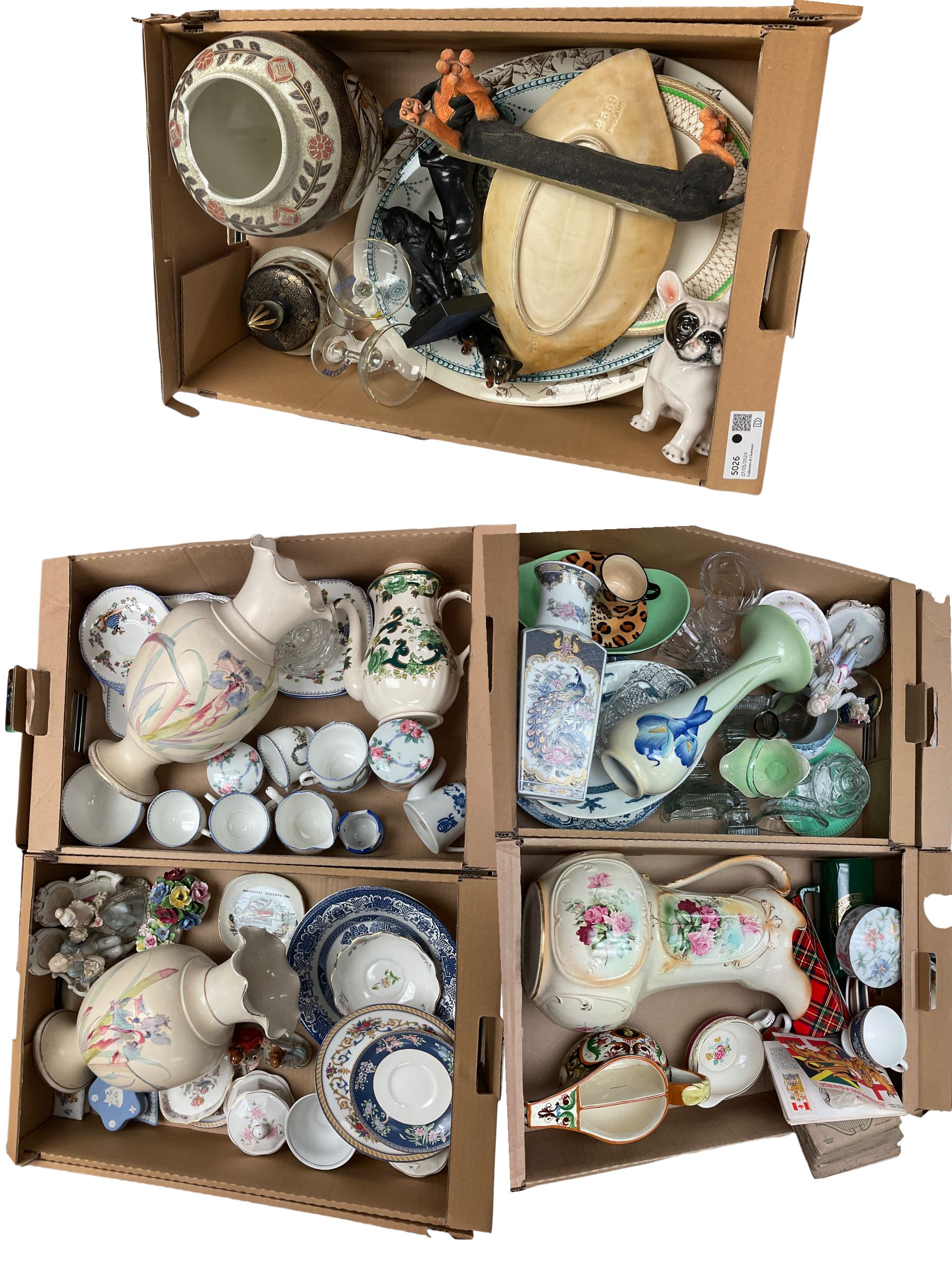 Collection of ceramics, including Wedgwood Jasperware, vases, tea services etc in five boxes 