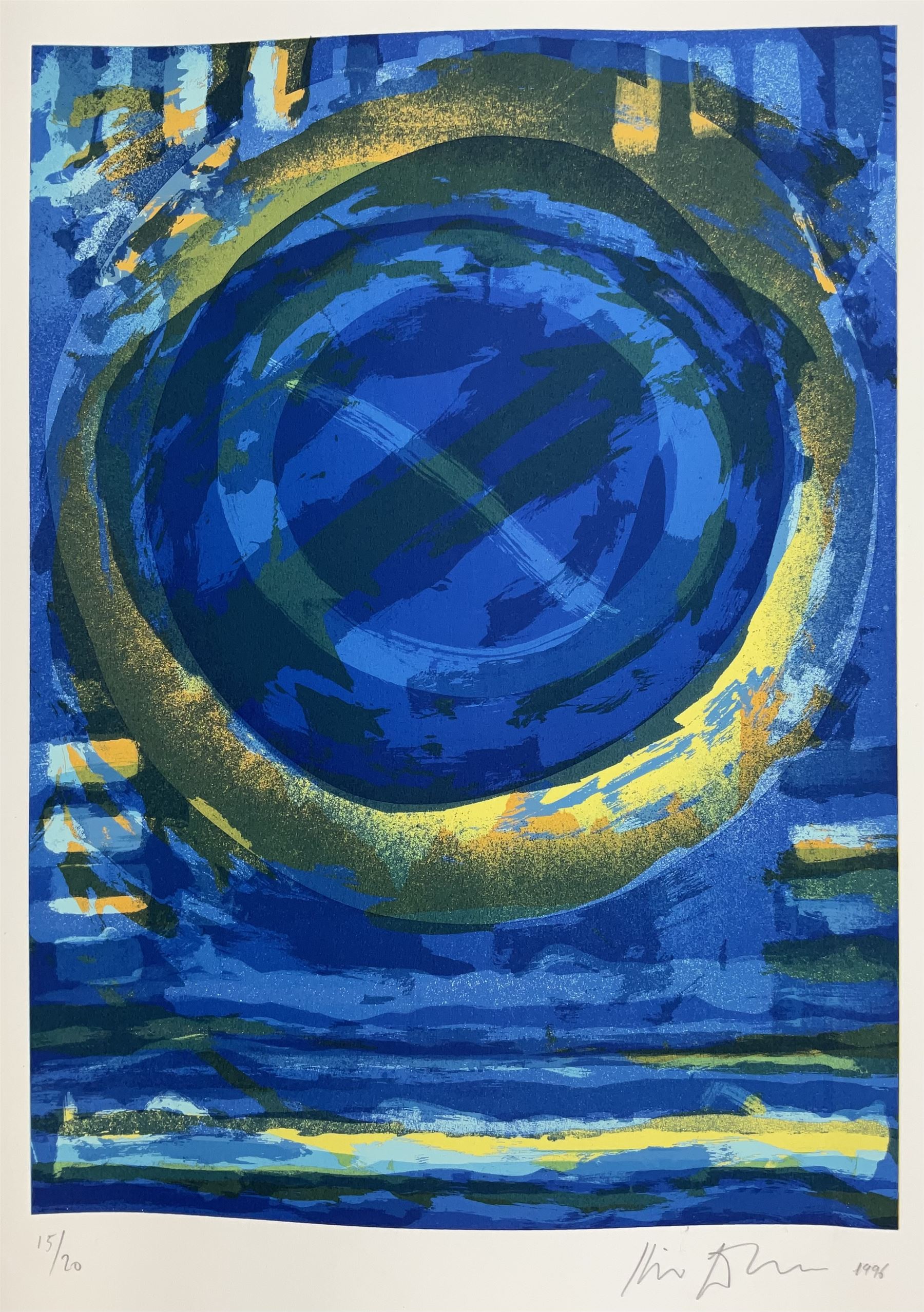 Kip Gresham (British 1951-2024): Abstract Blue and Yellow Circles, limited edition screenprint signed dated 1996 and numbered 15/20 in pencil, pub. Kip Gresham Editions 56cm x 41cm (unframed)