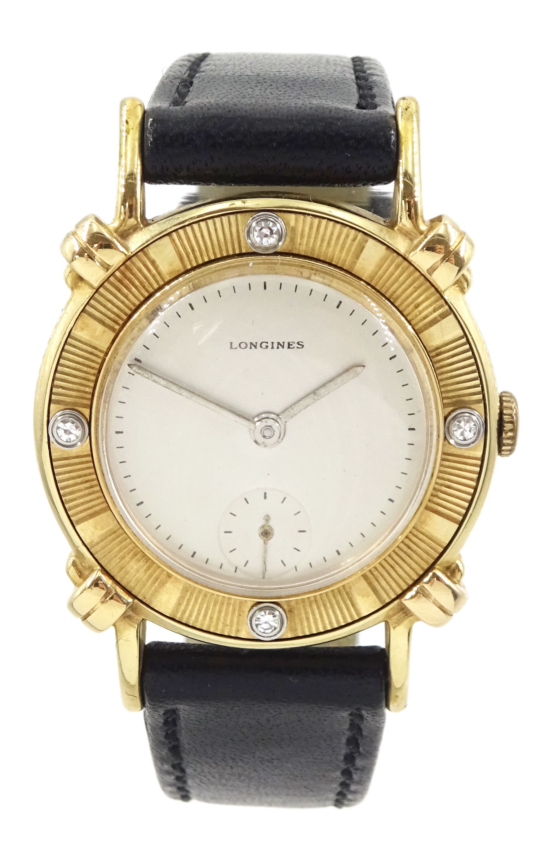 Longines 14ct gold manual wind diamond set wristwatch, circa 1950's, Cal. 22L, serial No. 7632527, silvered dial with subsidiary seconds hand, bezel set with four single cut diamonds, stamped 14K, on black leather strap