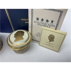 Five Halcyon Days Royal commemorative enamel boxes and one other similar enamel box, including two gilt examples depicting the Queen and Prince Philip in profile, to commemorate their 80th ad 85th birthdays respectively, all boxed, largest D6.5cm